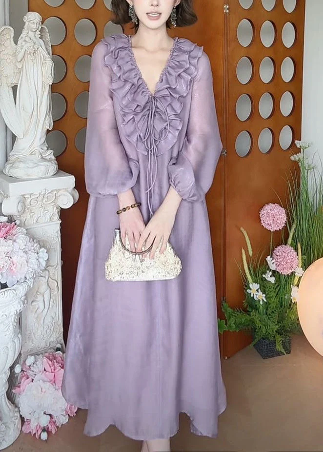 New Purple V Neck Ruffled Lace Up Silk Long Dress Fall - Image 4