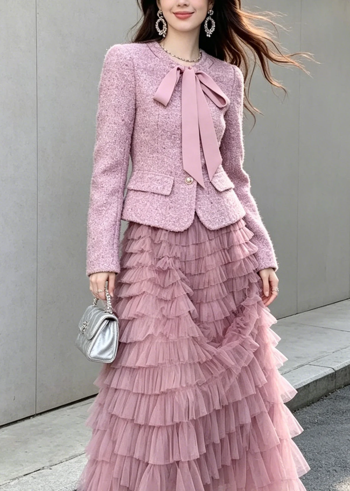 New Purple Woolen Coat And Tulle Ruffled Skirts Women Sets 2 Pieces Fall - Image 3