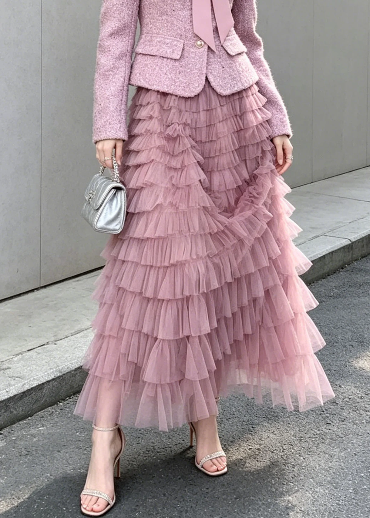 New Purple Woolen Coat And Tulle Ruffled Skirts Women Sets 2 Pieces Fall - Image 4