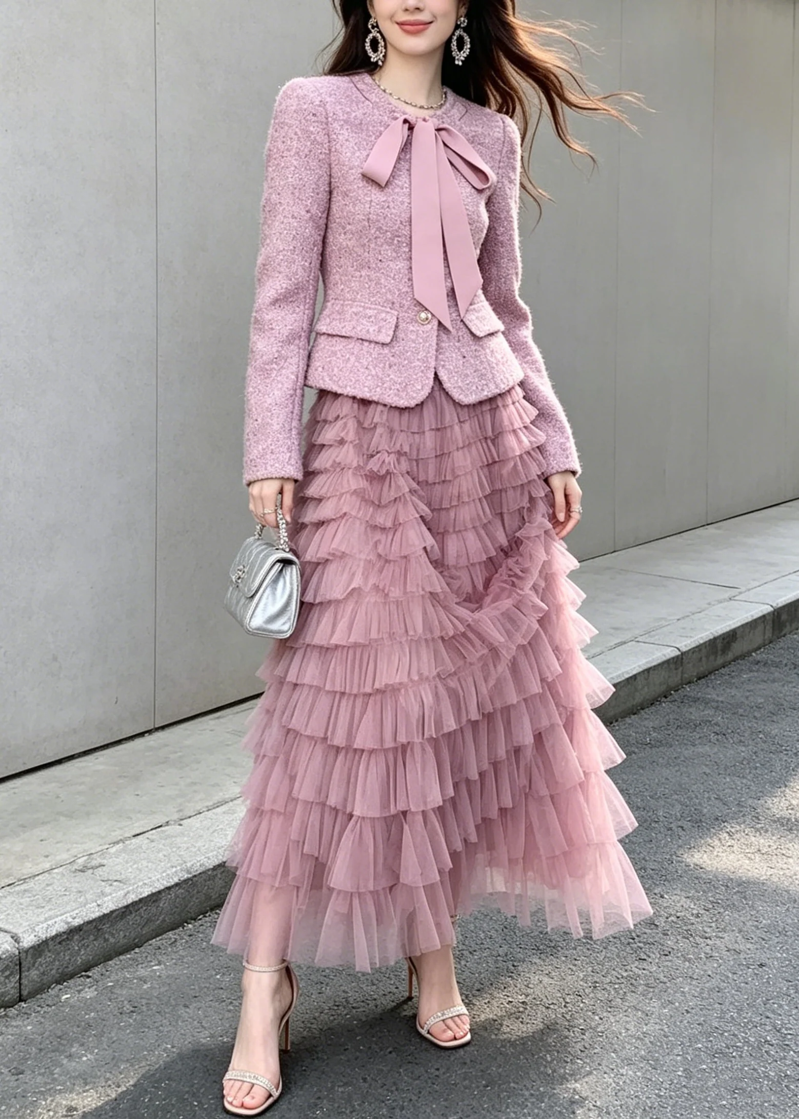 New Purple Woolen Coat And Tulle Ruffled Skirts Women Sets 2 Pieces Fall - Image 5