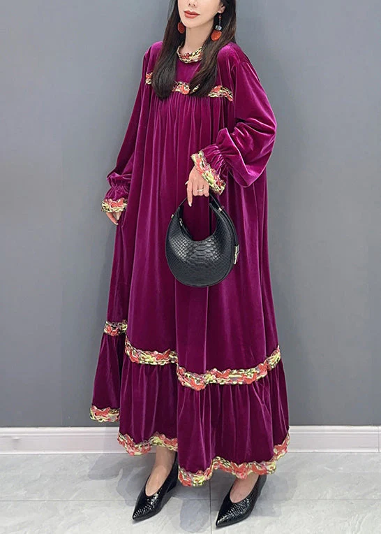 New Purple Wrinkled Patchwork Silk Velvet Long Dresses Long Sleeve - Image 3