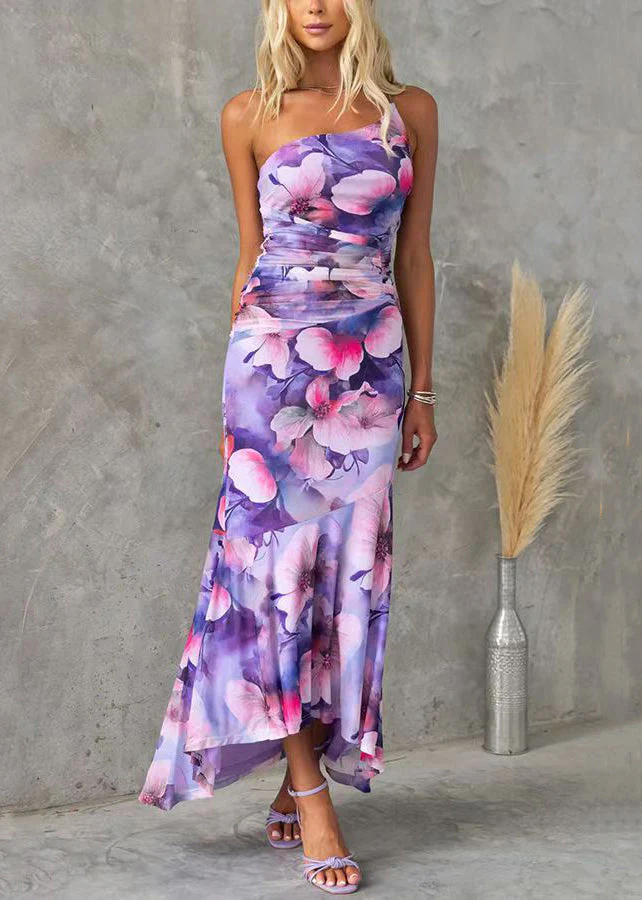 New Purple Zippered Print High Waist Cotton Long Dresses Sleeveless - Image 2