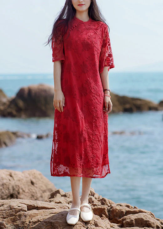 New Red Embroidered Side Open Dresses Half Sleeve - Image 2