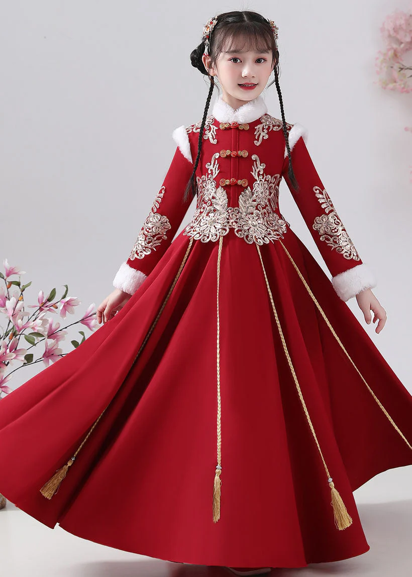 New Red Fur Collar Embroideried Button Warm Fleece Girls Maxi Dresses Winter
