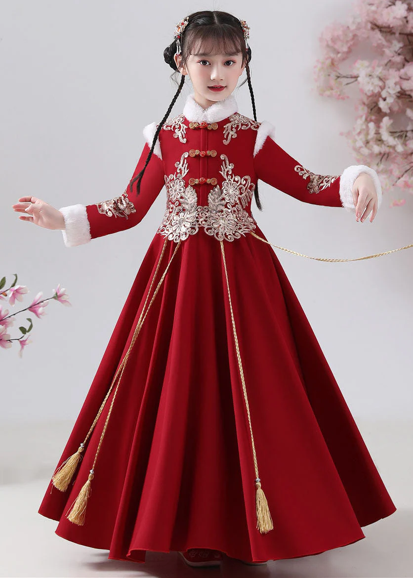 New Red Fur Collar Embroideried Button Warm Fleece Girls Maxi Dresses Winter - Image 2
