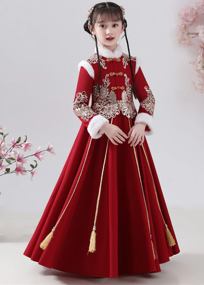 New Red Fur Collar Embroideried Button Warm Fleece Girls Maxi Dresses Winter - Image 3