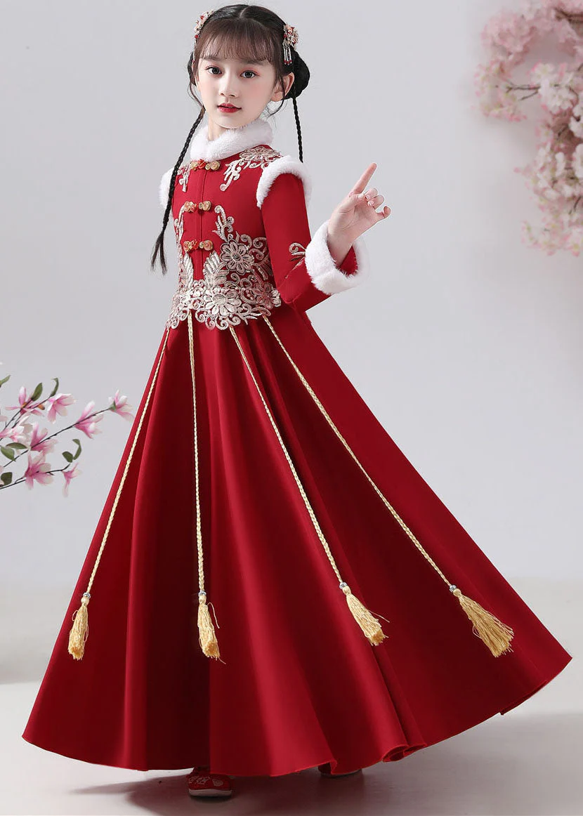 New Red Fur Collar Embroideried Button Warm Fleece Girls Maxi Dresses Winter - Image 4