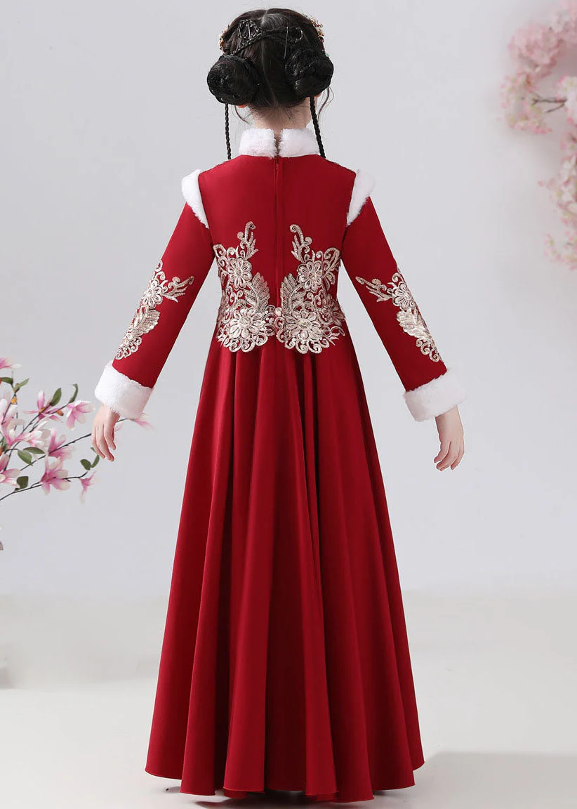 New Red Fur Collar Embroideried Button Warm Fleece Girls Maxi Dresses Winter - Image 5