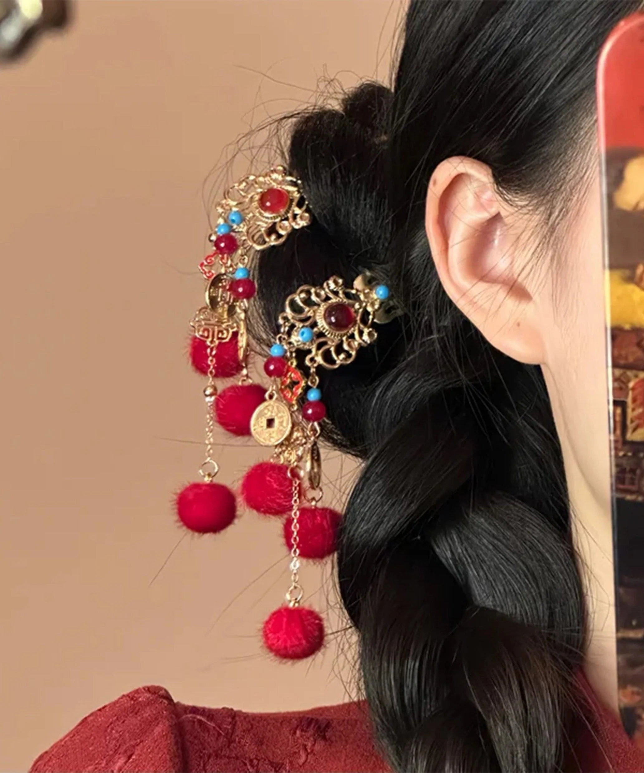 New Red Hairball Tassel Jade Metal Hairpin - Image 2