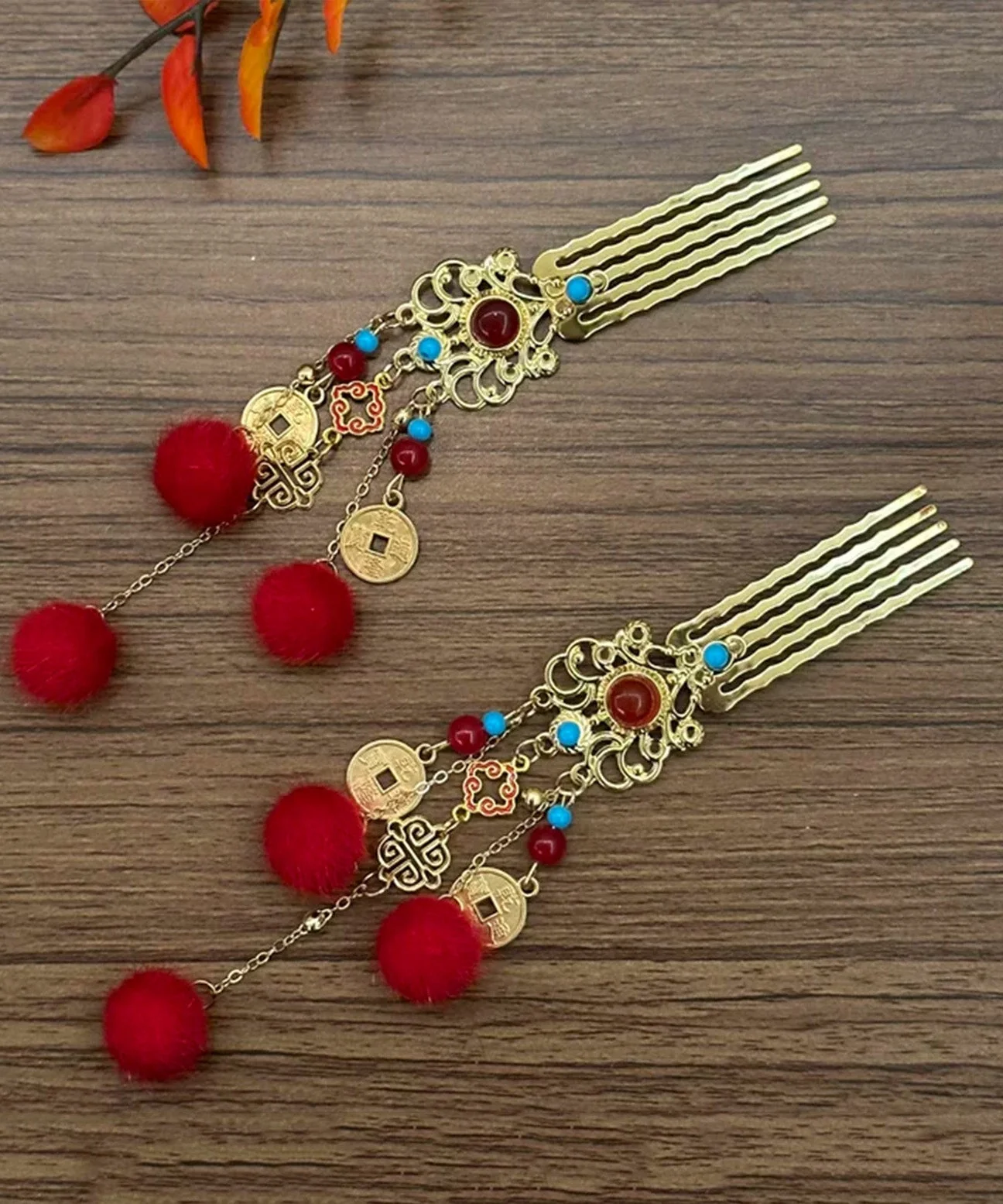 New Red Hairball Tassel Jade Metal Hairpin - Image 3