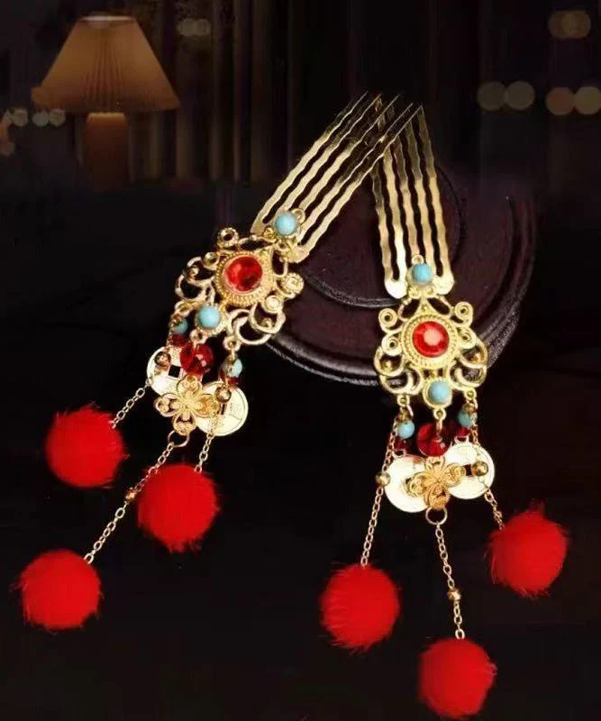 New Red Hairball Tassel Jade Metal Hairpin - Image 4