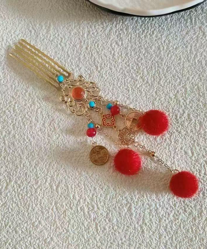 New Red Hairball Tassel Jade Metal Hairpin - Image 5