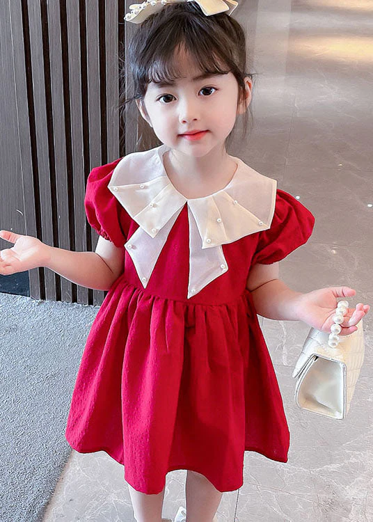 New Red Nail Bead Wrinkled Patchwork Cotton Baby Girls Dress Summer - Image 2