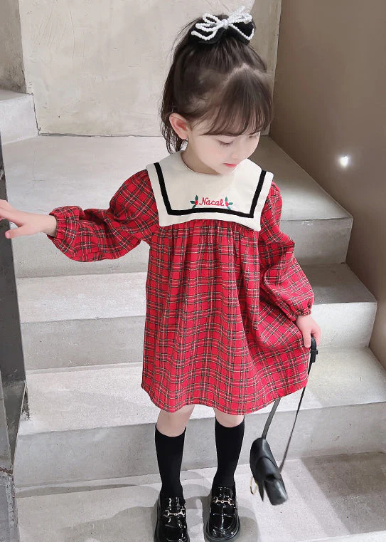 New Red Plaid Button Cotton Girls Dress Fall - Image 2