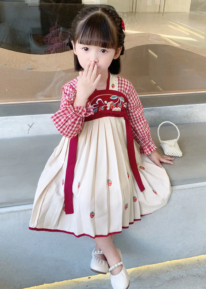 New Red Plaid Wrinkled Cotton Girls Dress Long Sleeve - Image 3
