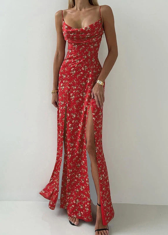 New Red Print Side Open Cotton Spaghetti Strap Dress Sleeveless