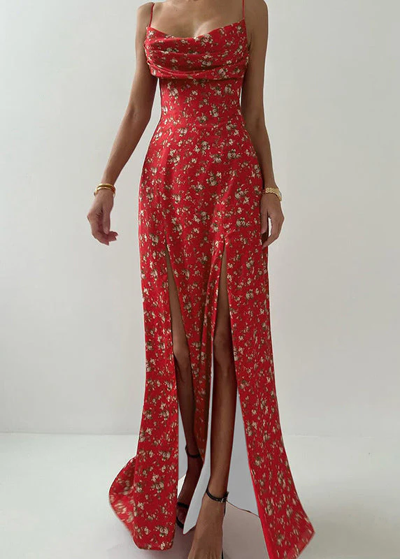New Red Print Side Open Cotton Spaghetti Strap Dress Sleeveless - Image 2