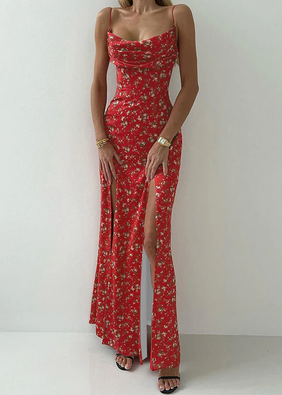 New Red Print Side Open Cotton Spaghetti Strap Dress Sleeveless - Image 3