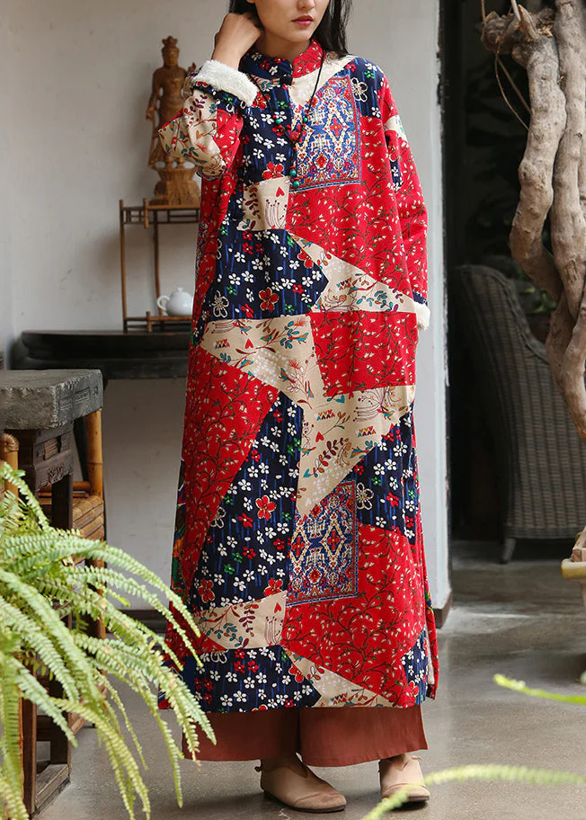 New Red Print Side Open Pockets Warm Fleece Long Dresses Winter - Image 2