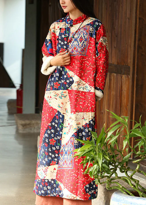 New Red Print Side Open Pockets Warm Fleece Long Dresses Winter - Image 4