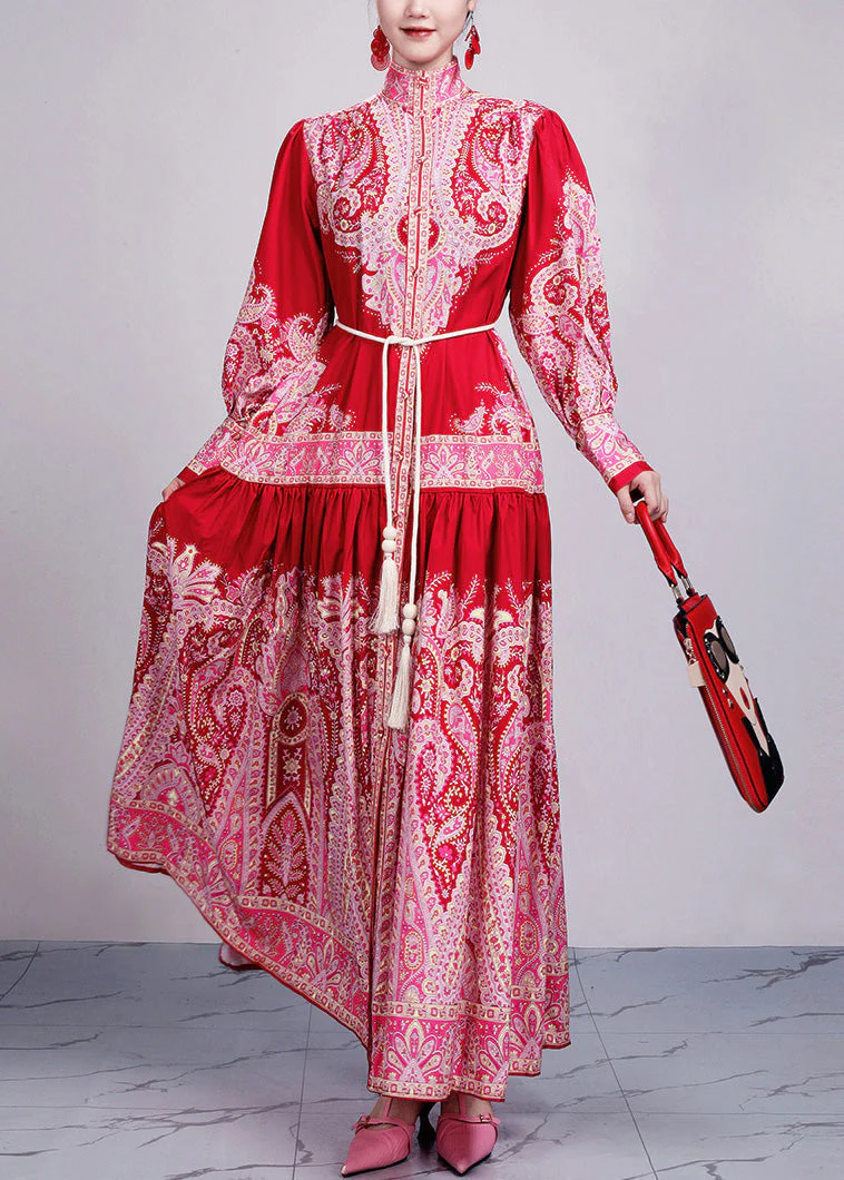 New Red Print Tie Waist Cotton Long Dresses Long Sleeve - Image 2