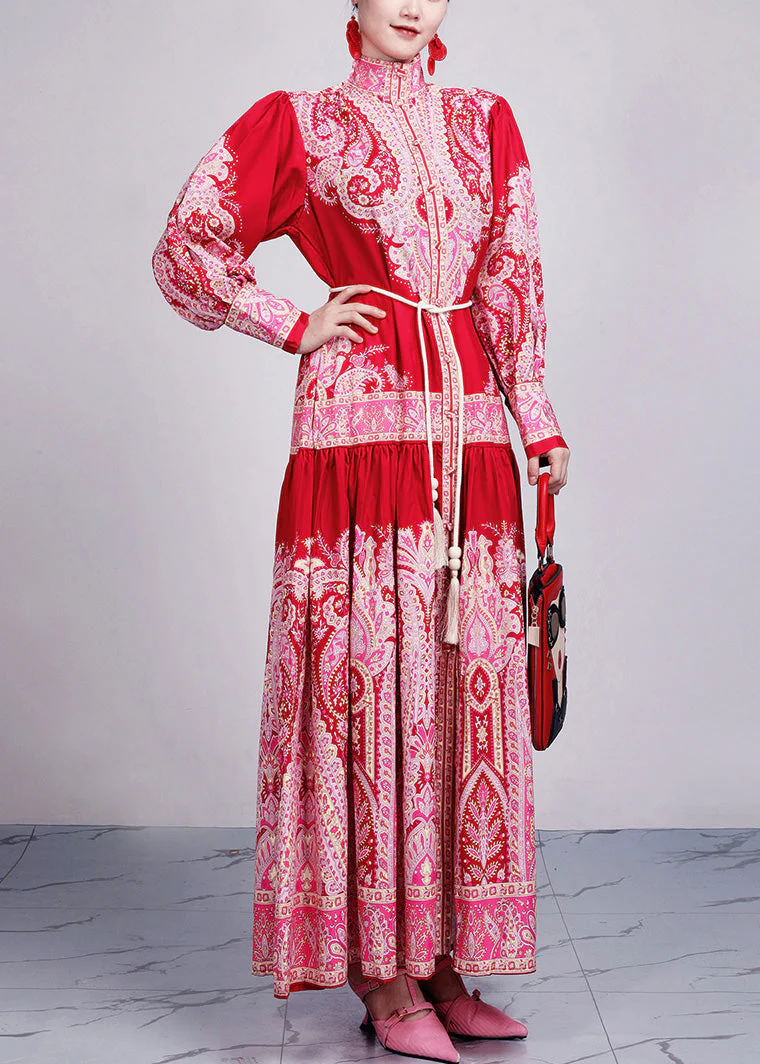 New Red Print Tie Waist Cotton Long Dresses Long Sleeve - Image 3