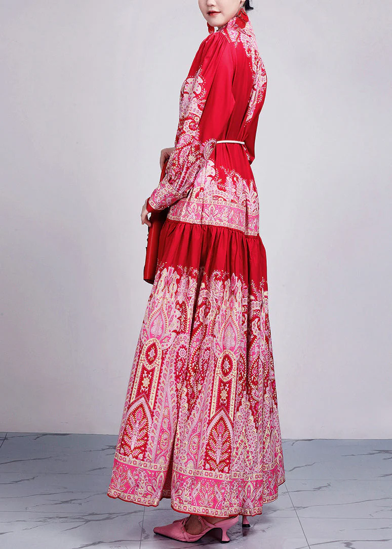 New Red Print Tie Waist Cotton Long Dresses Long Sleeve - Image 4