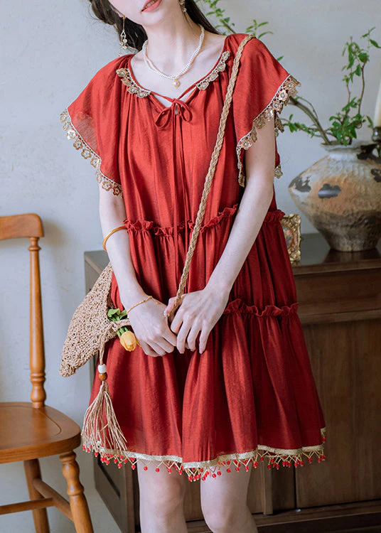 New Red Ruffled Tasseled Lace Up Cotton Mid Dress Summer - Image 3