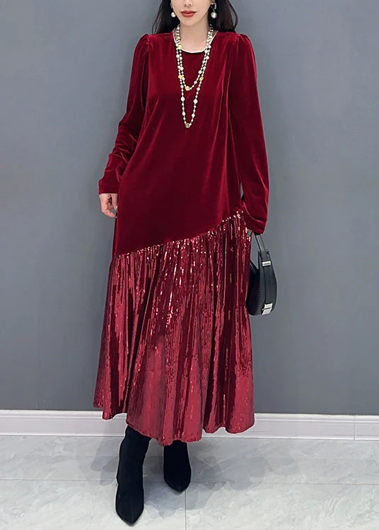 New Red Solid Patchwork Silk Velvet Long Dress Long Sleeve - Image 2