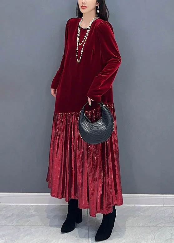 New Red Solid Patchwork Silk Velvet Long Dress Long Sleeve - Image 3