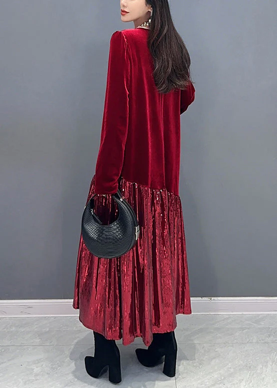 New Red Solid Patchwork Silk Velvet Long Dress Long Sleeve - Image 4
