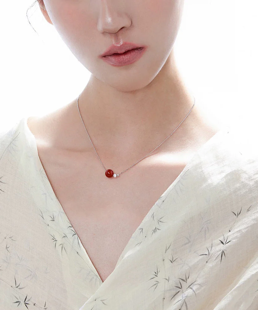 New Red Sphere Agate Carrying Pearl Copper Necklace - Image 2