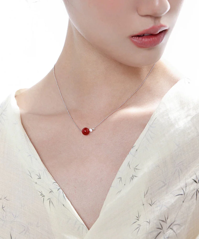 New Red Sphere Agate Carrying Pearl Copper Necklace - Image 3