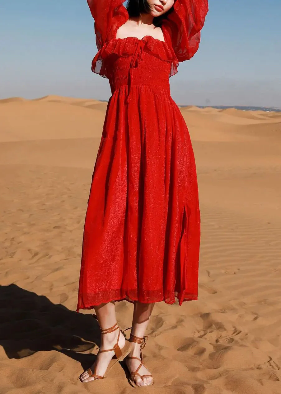 New Red Square Collar Side Open Cotton Beach Dress Puff Sleeve - Image 2