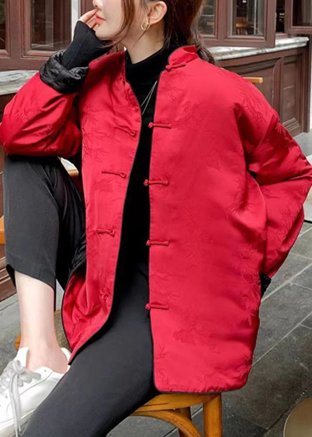 New Red Stand Collar Chinese Button Side Open Cotton Filled Coats Spring - Image 3