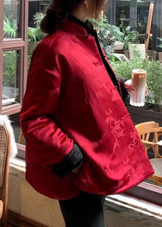 New Red Stand Collar Chinese Button Side Open Cotton Filled Coats Spring - Image 5