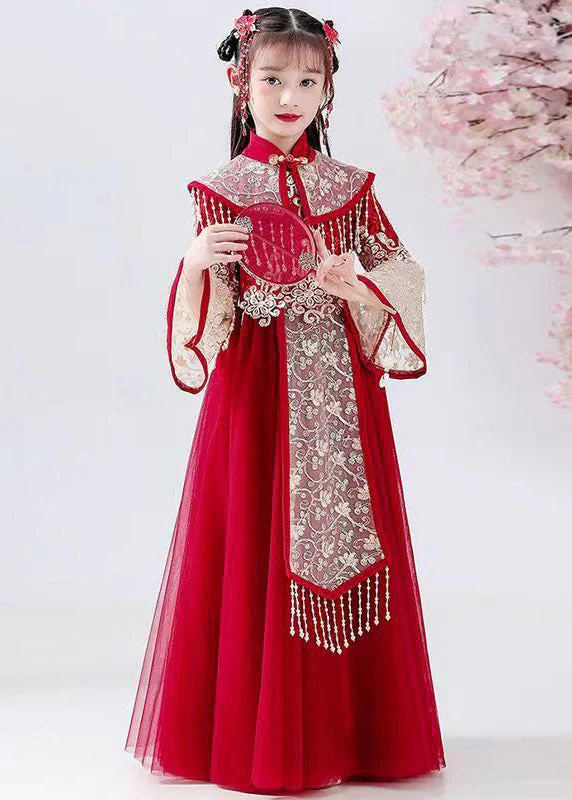 New Red Stand Collar Embroideried Tassel Tulle Kids Long Dress Fall - Image 2