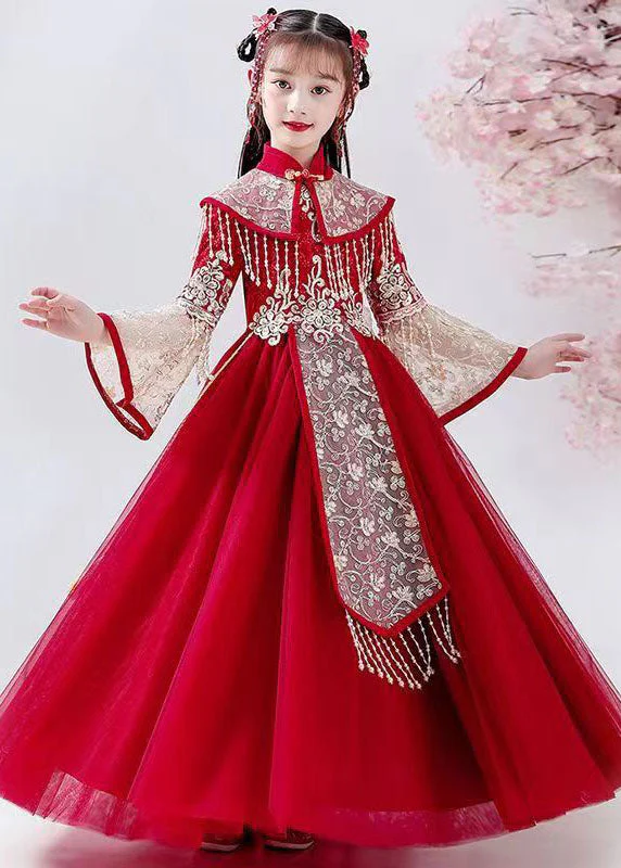 New Red Stand Collar Embroideried Tassel Tulle Kids Long Dress Fall - Image 4
