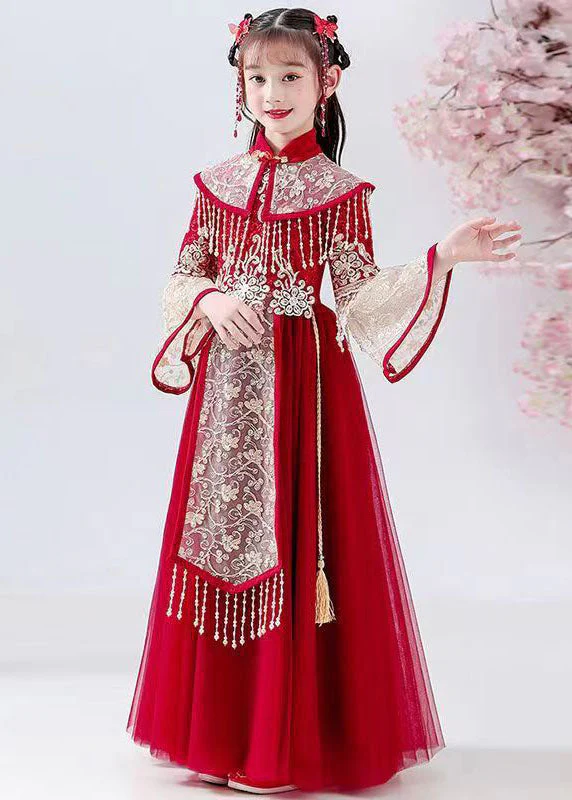 New Red Stand Collar Embroideried Tassel Tulle Kids Long Dress Fall - Image 5