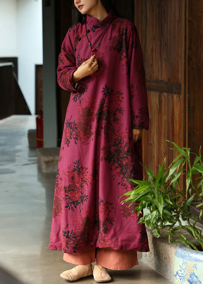 New Red Stand Collar Print Button Cotton Long Dresses Fall - Image 2