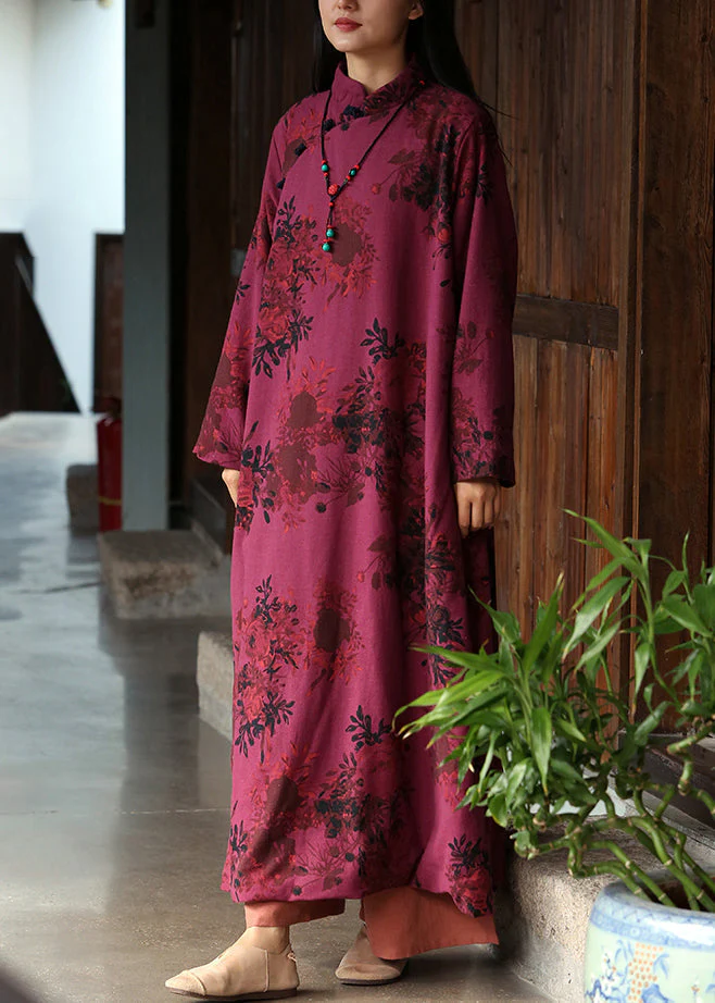 New Red Stand Collar Print Button Cotton Long Dresses Fall - Image 3