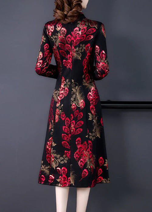 New Red Stand Collar Print Silk Velour Dress Long Sleeve