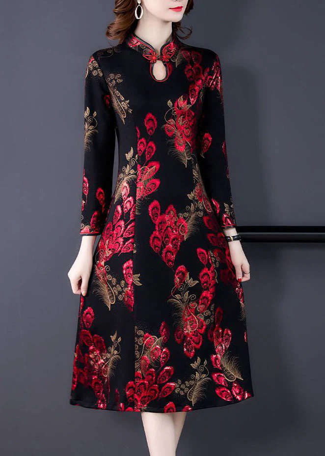 New Red Stand Collar Print Silk Velour Dress Long Sleeve - Image 3