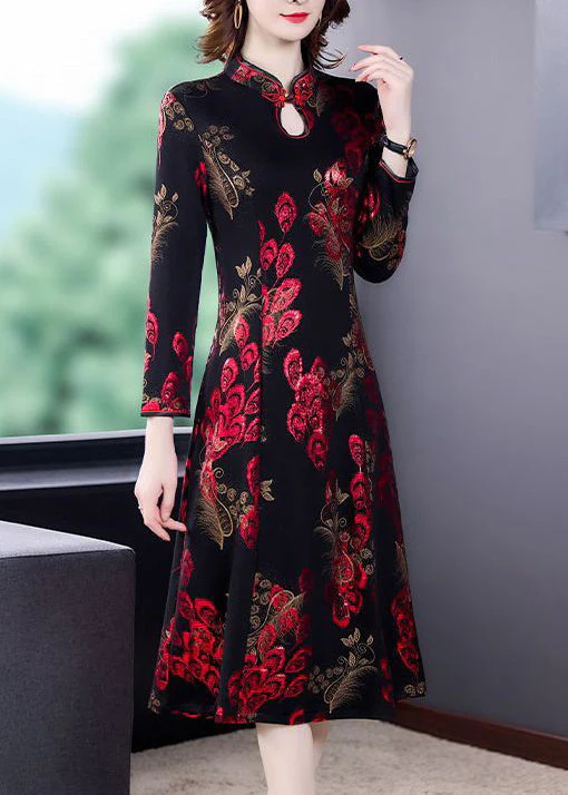New Red Stand Collar Print Silk Velour Dress Long Sleeve - Image 4