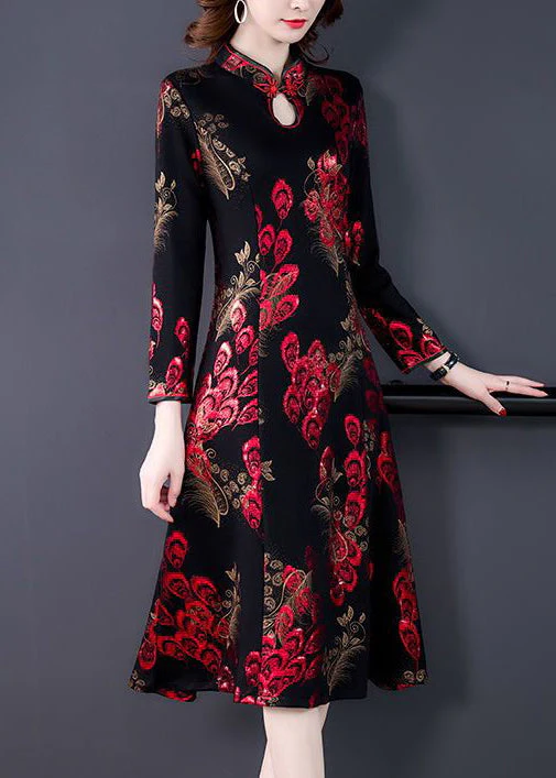 New Red Stand Collar Print Silk Velour Dress Long Sleeve - Image 5