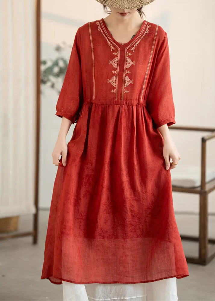 New Red V Neck Embroidered Wrinkled Linen Dress Summer - Image 3