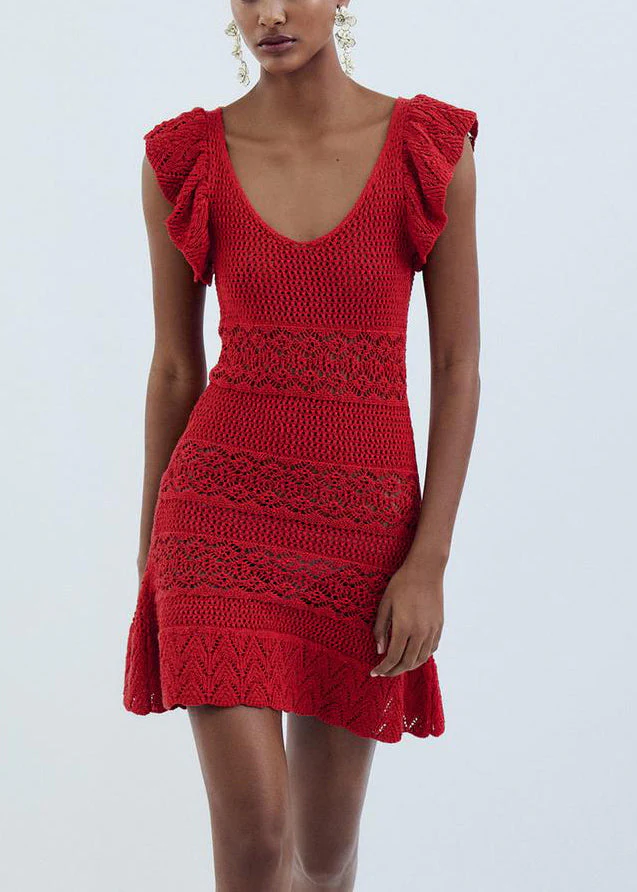New Red V Neck Hollow Out Knit Mini Dresses Sleeveless - Image 2