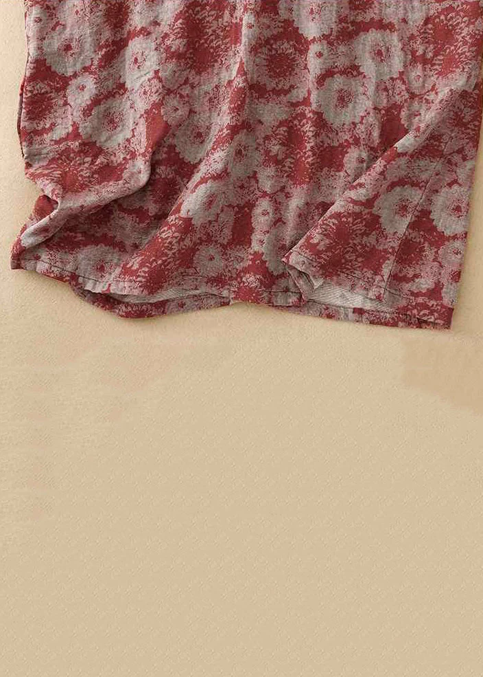 New Red V Neck Print Button Cotton Long Dress Spring - Image 5