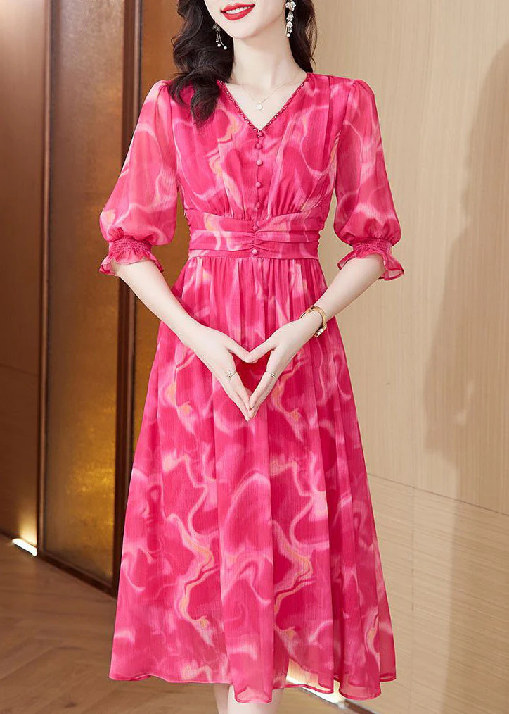 New Red V Neck Print Elastic Waist Chiffon Long Dress Summer - Image 2