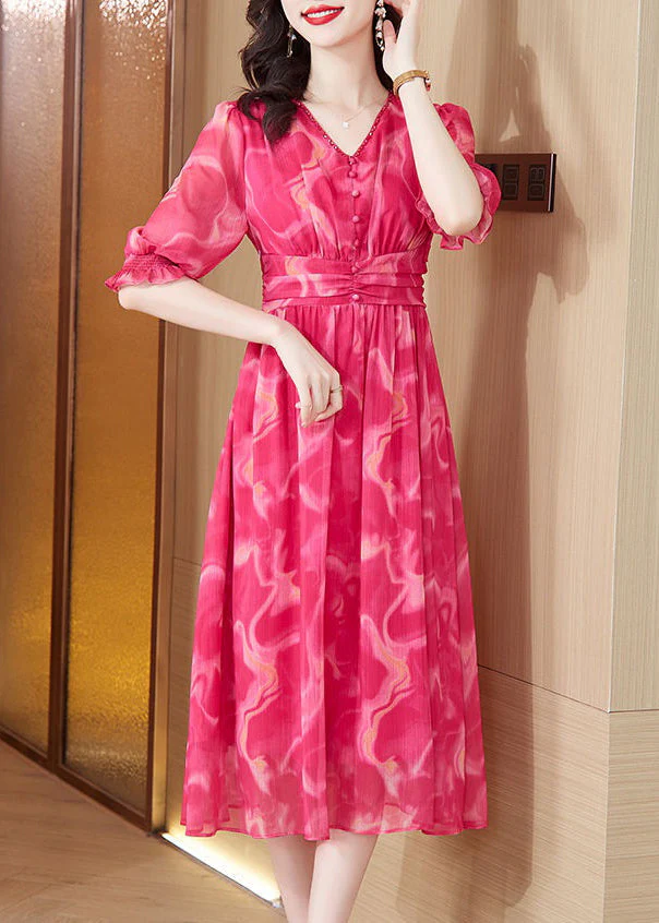 New Red V Neck Print Elastic Waist Chiffon Long Dress Summer - Image 3